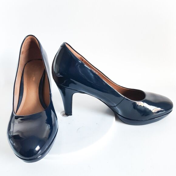 Clarks Pumps Size 10 Blue Patent Leather Brier Dolly Platform High Heels Dressy - Picture 1 of 10